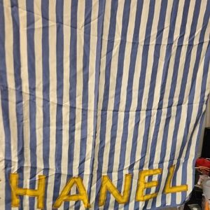 CHANEL Striped Scarf,blue & White with Yellow Letters, Use It For Church, Office